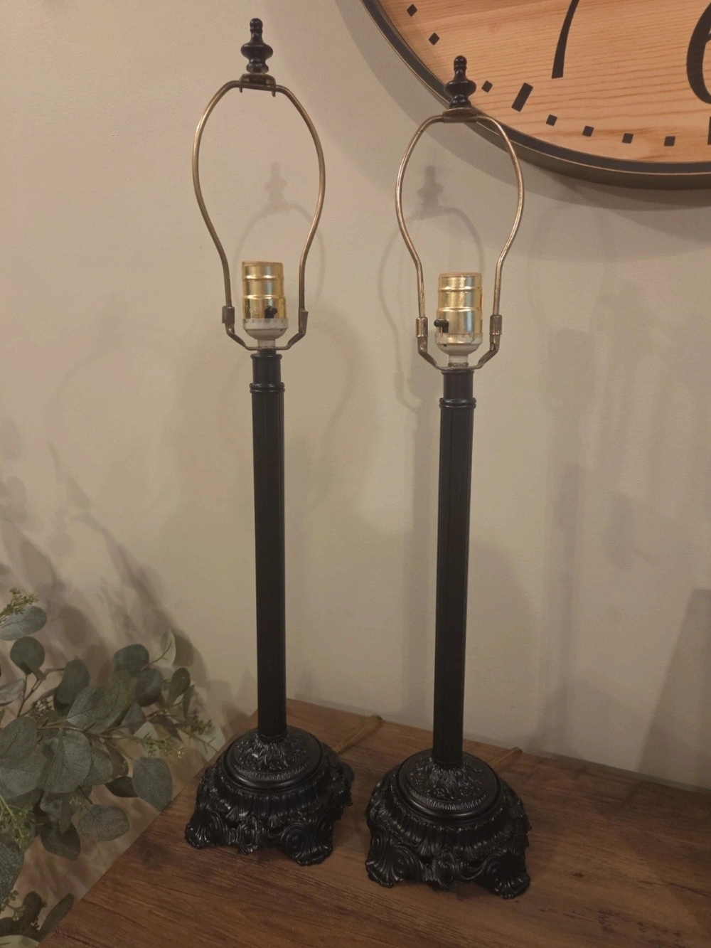 Classic Black Table Lamps with Gold Sockets - Pair